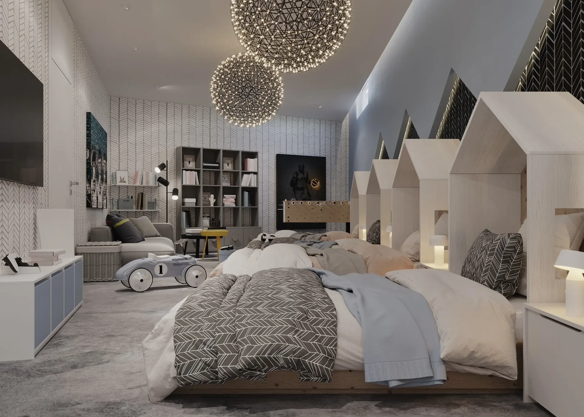 Children's room with cabin-style beds and table football at Villa Majesty, Mali Lošinj