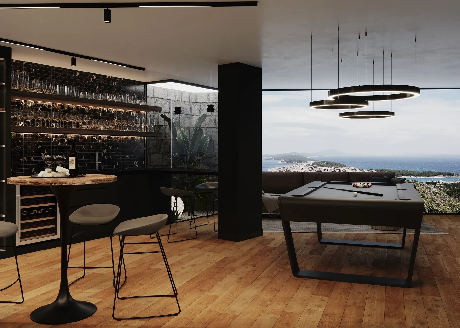 Games room with bar and pool table overlooking the sea at Villa Majesty, Mali Lošinj