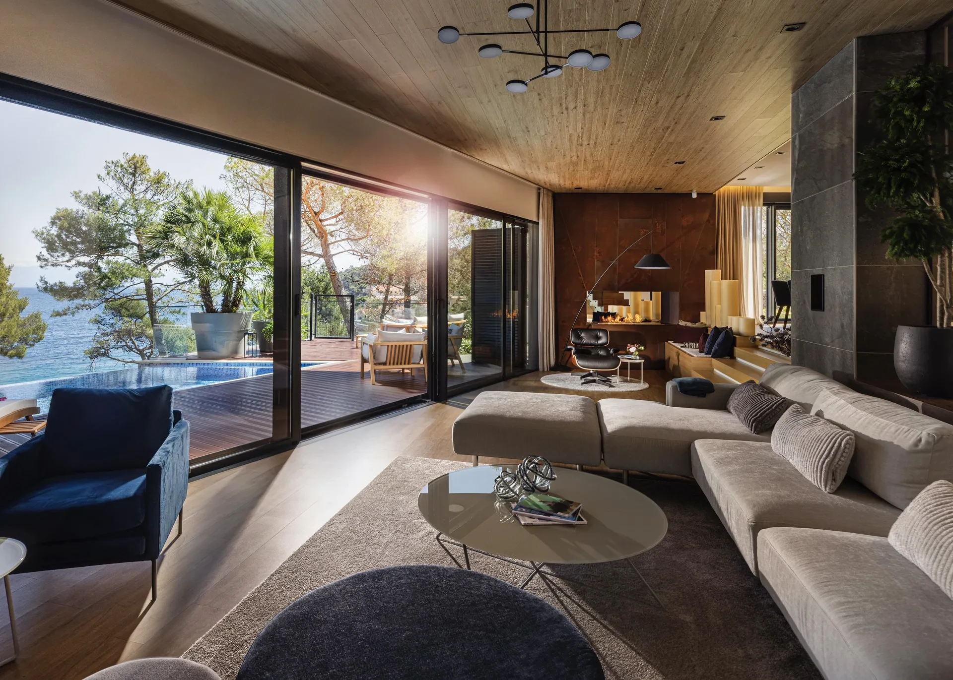 Living room with sea view and fireplace at Villa Majesty, Mali Lošinj