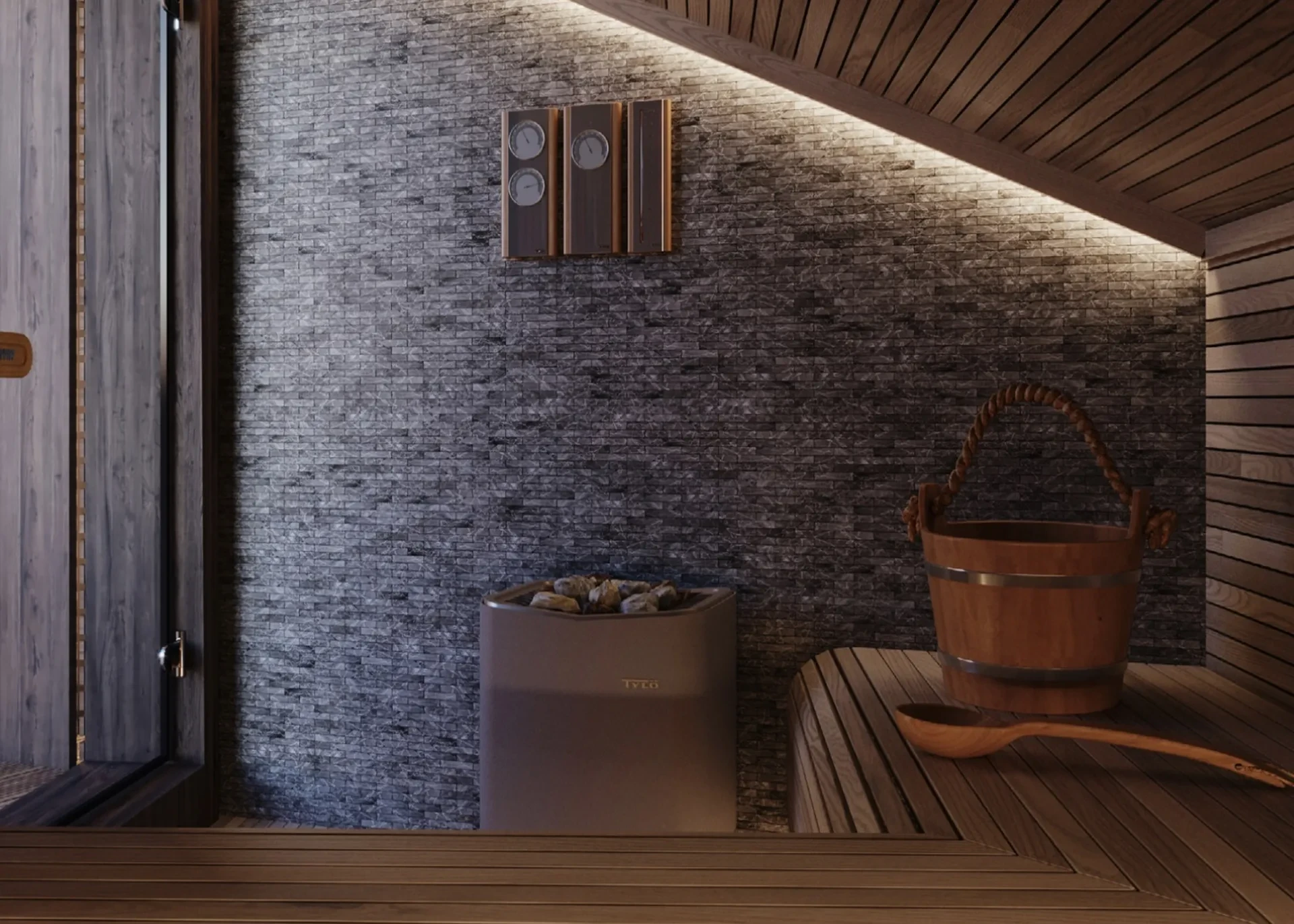 Wood-paneled sauna interior at Villa Majesty, Mali Lošinj