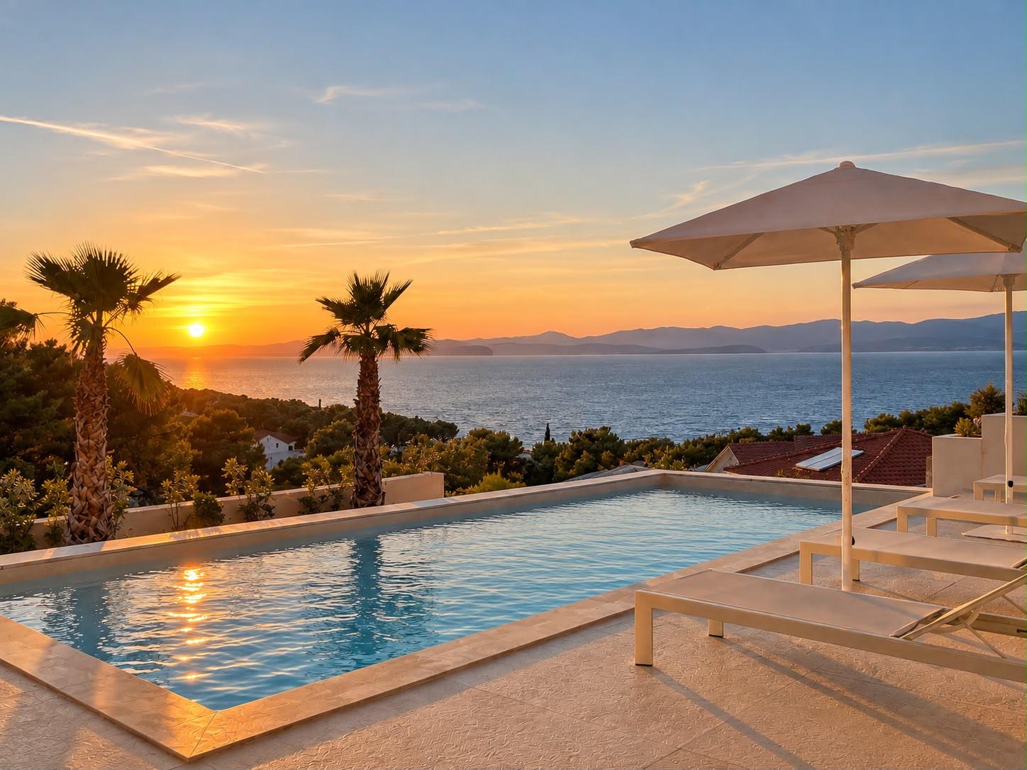 Infinity pool at sunset with sea view at Villa Sutivan Horizon 1, near Sutivan, Brač
