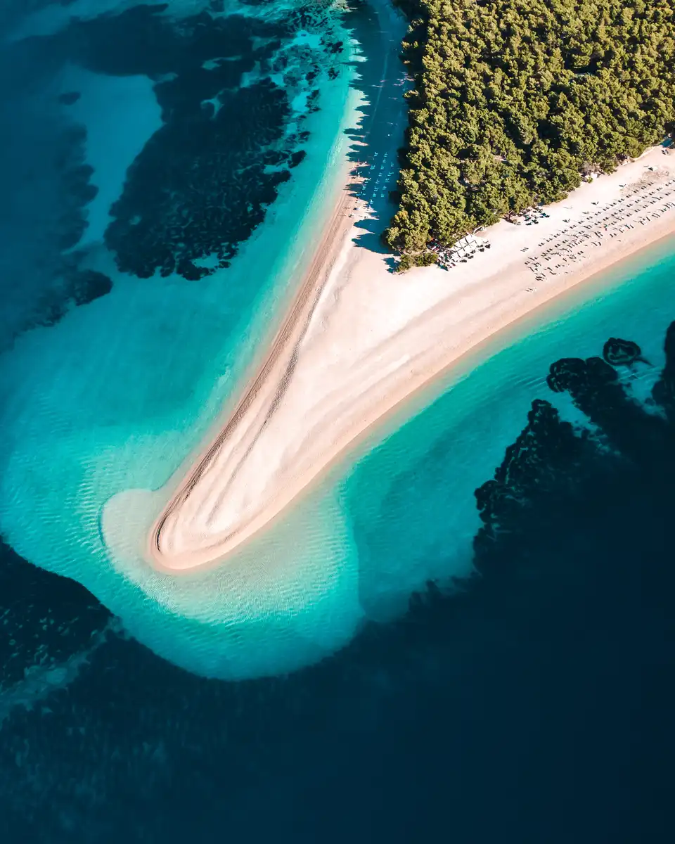 Aerial view of Zlatni Rat, the shifting sandy cape beach near Bol on Brač