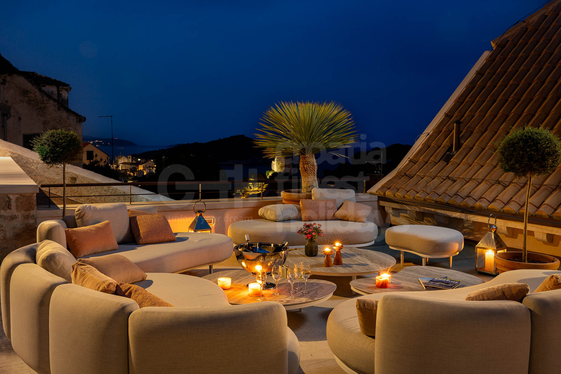 Night photo of lounge area of luxury Villa Bloom Dubrovnik