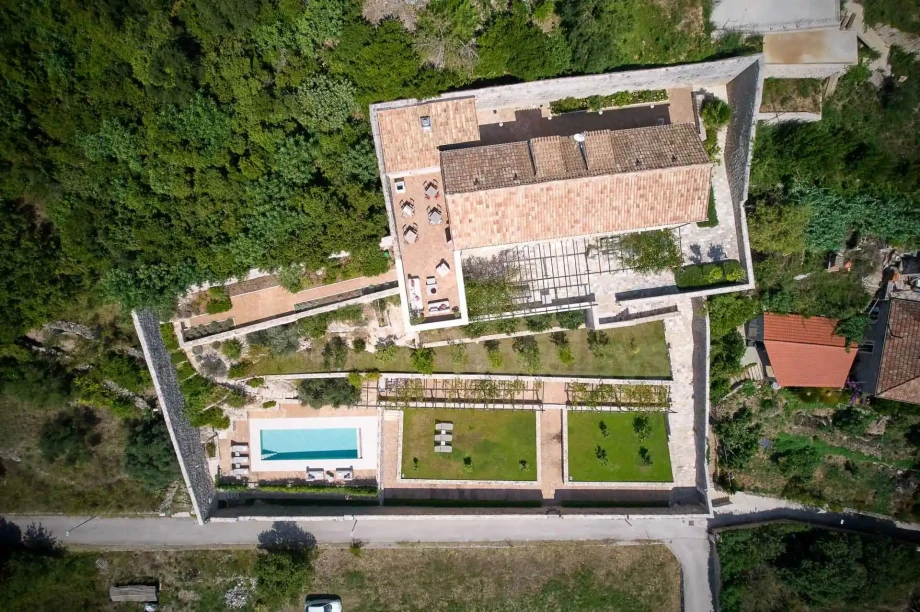 Aerial view of Villa Ghetaldi showing the private pool, gardens and historic stone estate