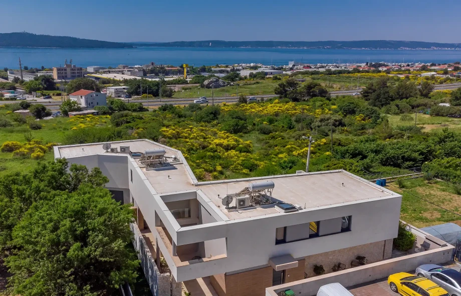 Aerial view from Villa Adria towards Kaštela Bay and the Adriatic Sea.