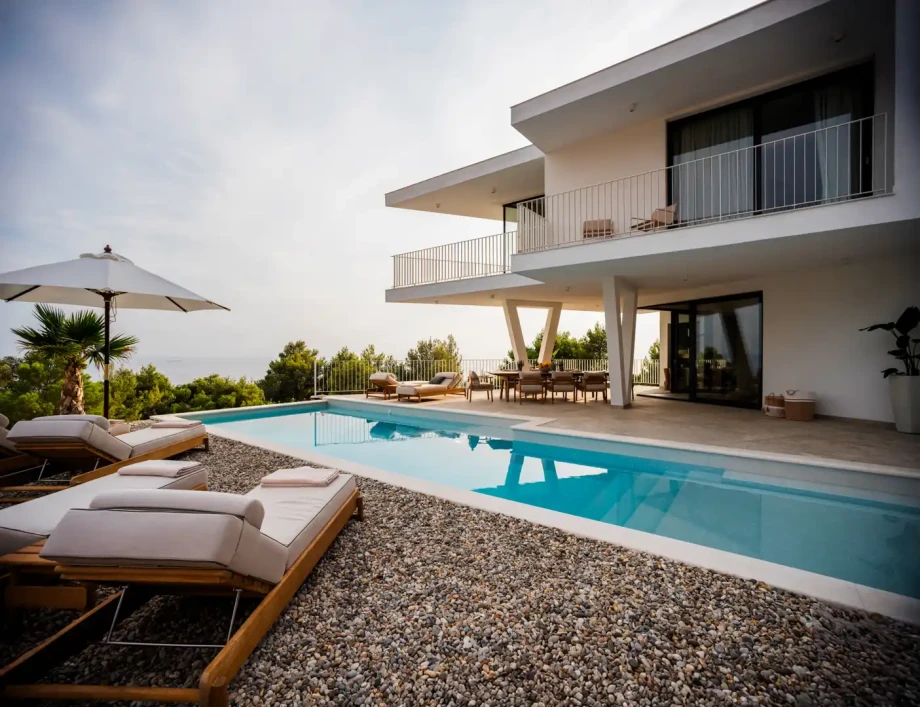 Villa Hvar Hideaway with private swimming pool and sun loungers.
