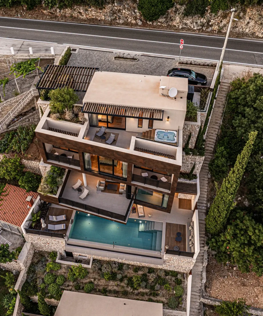 Aerial view of Villa Riviera Retreat Dubrovnik with private pool and terraces.