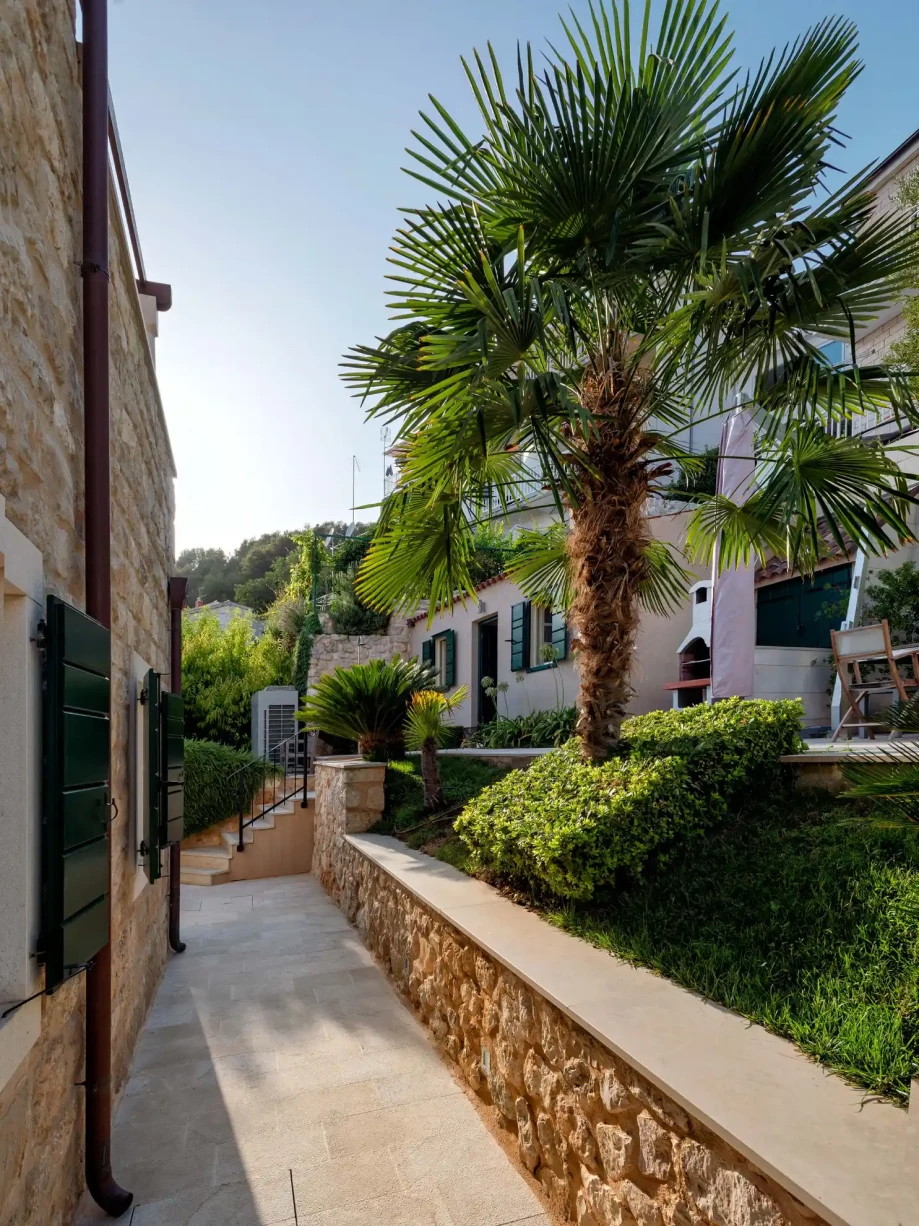 Mediterranean garden path with palm trees at Lola’s Summer House Hvar.
