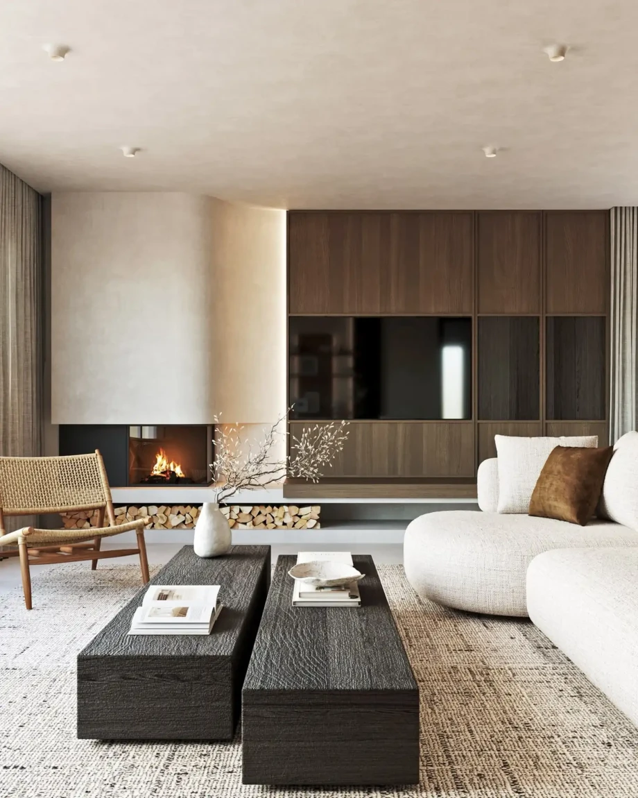 2027 render of a luxury living area with modern fireplace, TV wall and dark wood cabinetry.