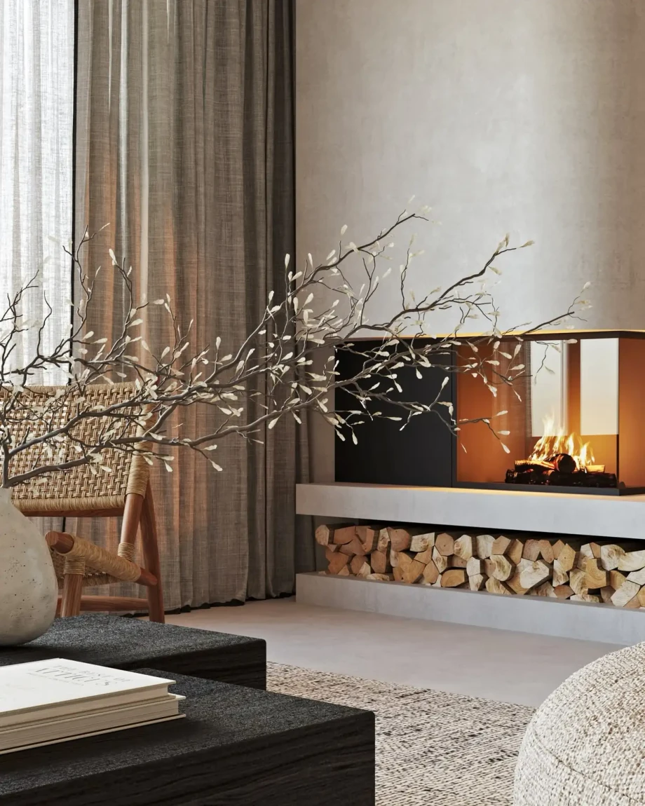 2027 render of a modern glass fireplace with stacked firewood and natural textured decor.
