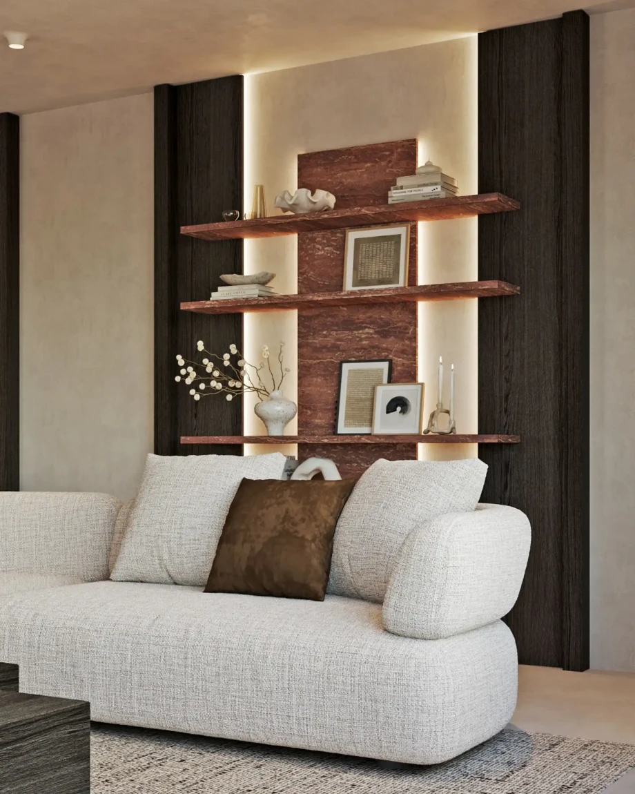 2027 render of a contemporary living area with upholstered sofa, illuminated decorative shelving and dark wood wall panels ion island Hvar in Croatia.
